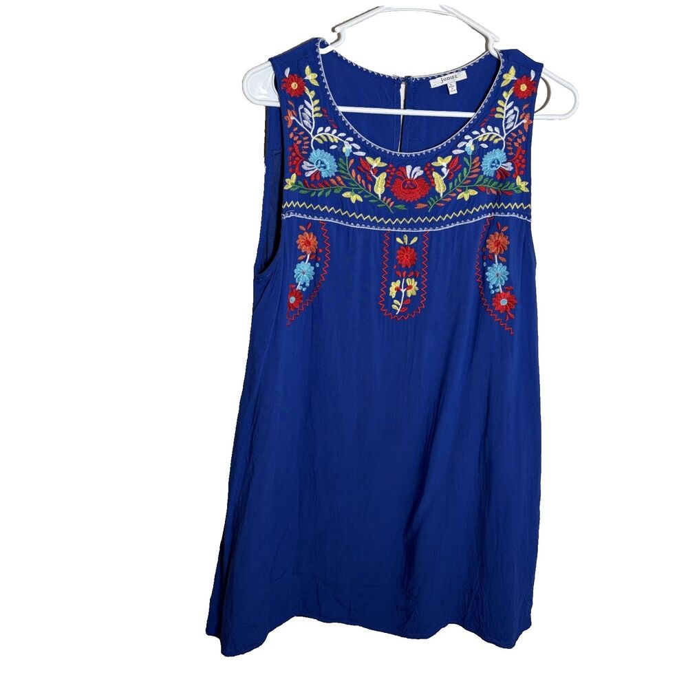 Jodiful Tank Top Women's Large Blue Embroidered Sleeveless Floral Boho Tunic